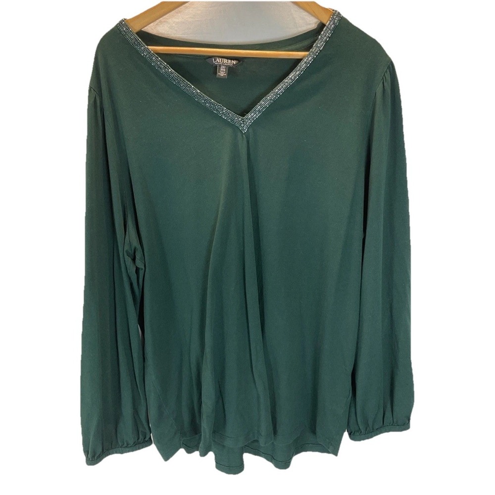 Lauren Ralph Lauren Black Label Top Womens 3X Green Holiday festive beaded L/S‎